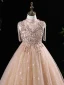 Bling Bling Champagne Beading Sequins Birthday Flower Girl Dresses 2024 A-Line / Princess High Neck Sleeveless Floor-Length / Long