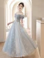 Chic / Beautiful Sky Blue Beading Lace Flower Butterfly Prom Dresses 2023 A-Line / Princess Square Neckline Short Sleeve Backless Floor-Length / Long Prom Formal Dresses