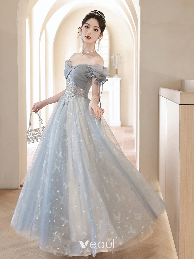 Chic / Beautiful Sky Blue Beading Lace Flower Butterfly Prom Dresses 2023  A-Line / Princess Square Neckline Short Sleeve Backless Floor-Length / Long Prom  Formal Dresses