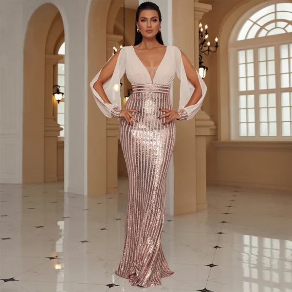 Audrey Hepburn Style White Sequins Holiday Evening Dresses 2022 Trumpet / Mermaid V-Neck Long Sleeve Floor-Length / Long Evening Party Formal Dresses