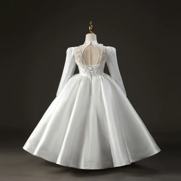Fashion Ivory Beading Pearl Sequins Rhinestone Satin Birthday Flower Girl Dresses 2022 Ball Gown High Neck Long Sleeve Backless Floor-Length / Long Flower Girl Dresses