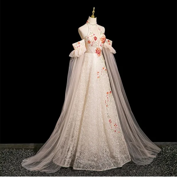 Élégant Champagne Perlage Gland Paillettes En Dentelle Fleur Robe De Bal 2025 Princesse Col Haut Manches Courtes Dos Nu Longue Robe De Ceremonie