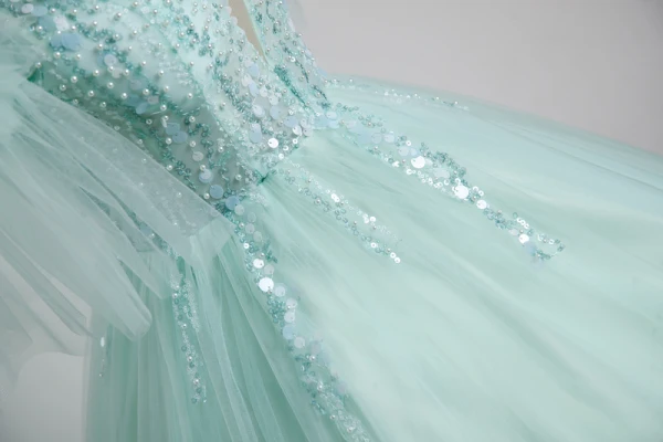 Elegant Mint Green Beading Pearl Sequins Cascading Ruffles Prom Dresses 2023 Ball Gown Off-The-Shoulder Short Sleeve Backless Floor-Length / Long Prom Formal Dresses
