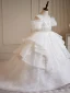 Charming White Beading Sequins Pearl Rhinestone Cascading Ruffles Flower Girl Dresses 2023 Ball Gown Scoop Neck Short Sleeve Sweep Train Birthday Flower Girl Dresses
