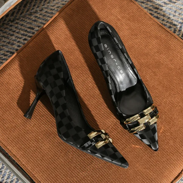 Mode Dunkelgrün Strassenmode Plaid Pumps 2022 8 cm Stilettos Spitzschuh Pumps Hochhackige