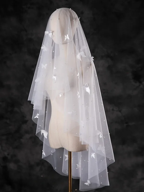 Charmant Blanche Fait main Perle Papillon Tulle Voile De Mariée 2025