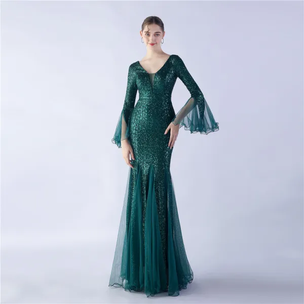 Sparkly Black Sequins Evening Dresses 2024 Trumpet / Mermaid V-Neck Bell sleeves Backless Floor-Length / Long Evening Party Formal Dresses