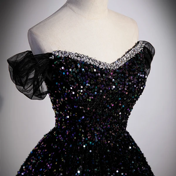 Glitzernden Schwarz Multifarben Pailletten Ballkleider 2023 Ballkleid Off Shoulder Kurze Ärmel Rückenfreies Sweep / Pinsel Zug Ball Festliche Kleider