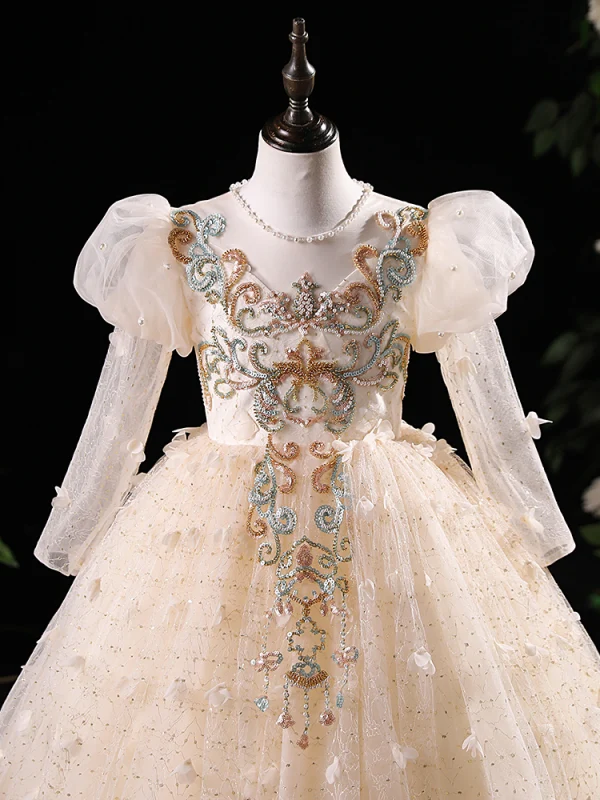 Chic / Beautiful Champagne Beading Pearl Sequins Appliques Birthday Flower Girl Dresses 2024 A-Line / Princess Scoop Neck Long Sleeve Backless Floor-Length / Long