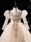 Chic / Beautiful Champagne Beading Pearl Sequins Appliques Birthday Flower Girl Dresses 2024 A-Line / Princess Scoop Neck Long Sleeve Backless Floor-Length / Long