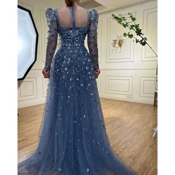 High End Meeresblau Handgefertigt Perlenstickerei Pailletten Ballkleider 2024 A Linie Eckiger Ausschnitt Lange Ärmel Lange Ball Festliche Kleider