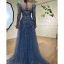 High End Meeresblau Handgefertigt Perlenstickerei Pailletten Ballkleider 2024 A Linie Eckiger Ausschnitt Lange Ärmel Lange Ball Festliche Kleider