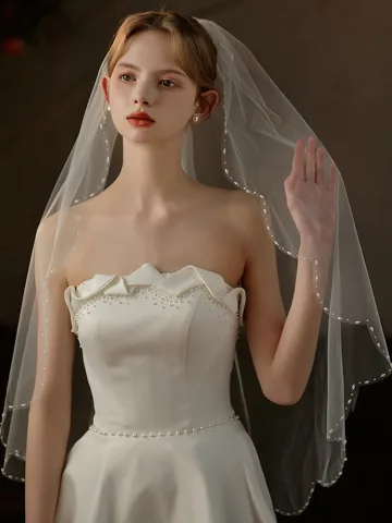 Elegant White Pearl Bridal Wedding Veils 2025 Wedding Tulle
