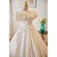 Elegant White Appliques Satin Wedding Dresses 2023 Ball Gown Scoop Neck Puffy Short Sleeve Backless Sweep Train Wedding