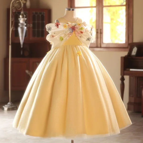 Lovely Yellow Bow Appliques Birthday Flower Girl Dresses 2025 Ball Gown Scoop Neck Short Sleeve Backless Floor-Length / Long Tulle