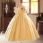 Lovely Yellow Bow Appliques Birthday Flower Girl Dresses 2025 Ball Gown Scoop Neck Short Sleeve Backless Floor-Length / Long Tulle