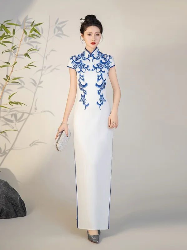 Chinese style White Lace Flower Split Front Cheongsam 2025 Trumpet / Mermaid High Neck Short Sleeve Floor-Length / Long Evening Party Cheongsam / Qipao