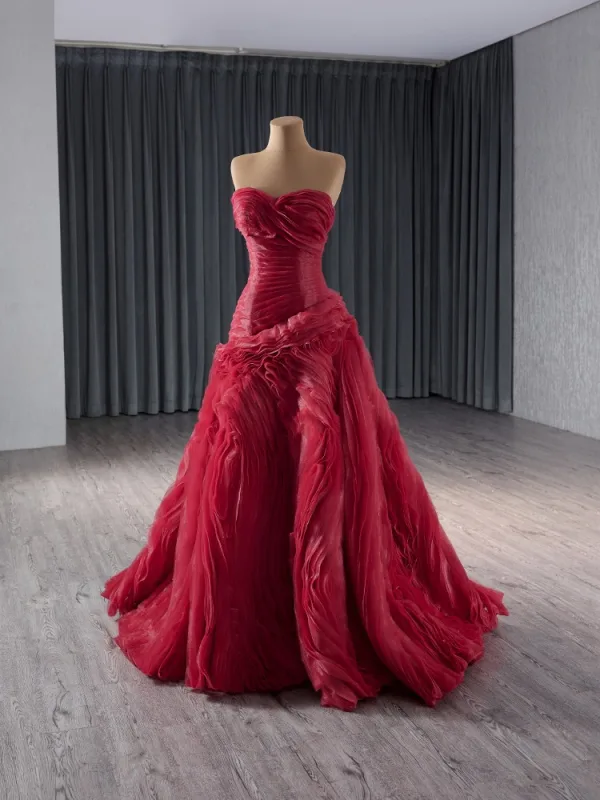 High-end Burgundy Pleated Prom Dresses 2024 Ball Gown Strapless Sleeveless Backless Floor-Length / Long Prom Formal Dresses