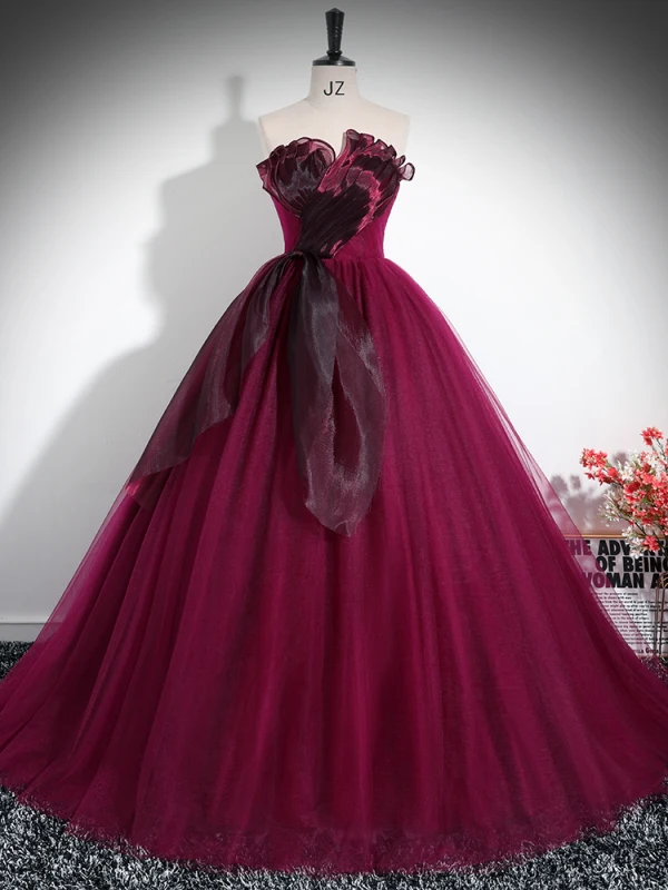 Elegant Burgundy Prom Dresses 2024 Ball Gown Strapless Sleeveless Backless Tulle Prom Floor-Length / Long Formal Dresses