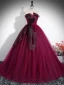 Elegant Burgundy Prom Dresses 2024 Ball Gown Strapless Sleeveless Backless Tulle Prom Floor-Length / Long Formal Dresses