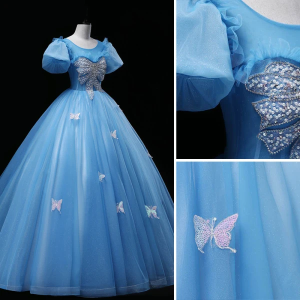 Chic / Beautiful Pool Blue Beading Pearl Rhinestone Prom Dresses 2022 Ball Gown Scoop Neck Sequins Butterfly Puffy Short Sleeve Backless Floor-Length / Long Prom