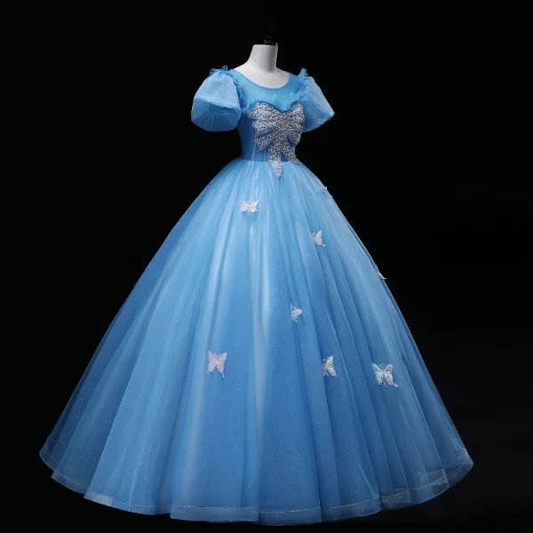 Chic / Beautiful Pool Blue Beading Pearl Rhinestone Prom Dresses 2022 Ball Gown Scoop Neck Sequins Butterfly Puffy Short Sleeve Backless Floor-Length / Long Prom