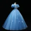 Chic / Beautiful Pool Blue Beading Pearl Rhinestone Prom Dresses 2022 Ball Gown Scoop Neck Sequins Butterfly Puffy Short Sleeve Backless Floor-Length / Long Prom