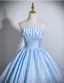 Elegant Sky Blue Satin Prom Dresses 2026 Ball Gown Strapless Sleeveless Backless Bow Floor-Length / Long Formal Dresses