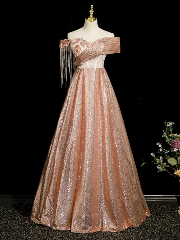 Sparkly Champagne Beading Sequins Tassel Prom Dresses 2024 A-Line / Princess Off-The-Shoulder Short Sleeve Backless Floor-Length / Long Prom Formal Dresses