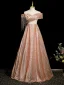Sparkly Champagne Beading Sequins Tassel Prom Dresses 2024 A-Line / Princess Off-The-Shoulder Short Sleeve Backless Floor-Length / Long Prom Formal Dresses