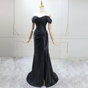 Sexy Black Split Front Evening Dresses 2025 Trumpet Mermaid Off The Shoulder Sleeveless Backless Sweep Train Evening Party Formal Dresses