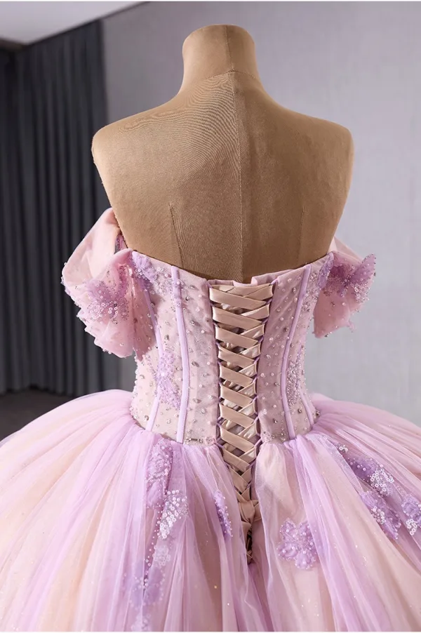 Haut de Gamme Charmant Rougissant Rose Perlage Perle Paillettes Robe De Bal 2025 Robe Boule De l'épaule Manches Courtes Dos Nu Noeud Chapel Train Promo