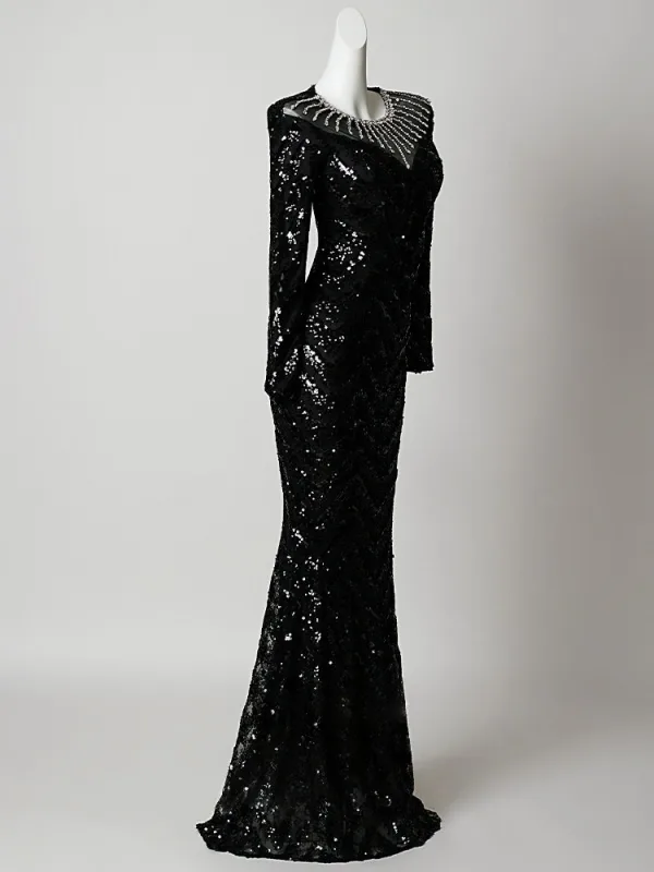 Sparkly Black Sequins Rhinestone Evening Dresses 2026 Trumpet / Mermaid Scoop Neck Long Sleeve Floor-Length / Long Formal Dresses