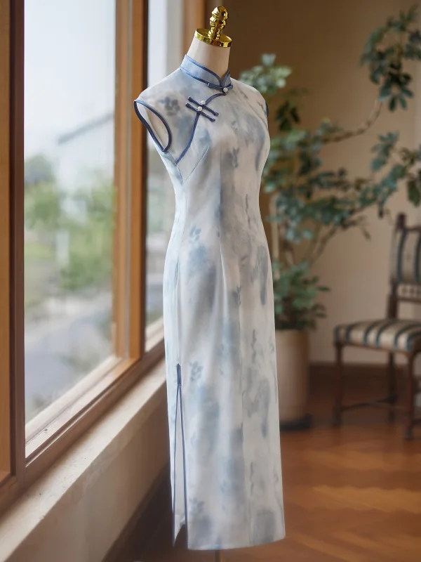 Classy Chinese style Sky Blue Summer Cheongsam 2024 Trumpet / Mermaid High Neck Sleeveless Tea-length