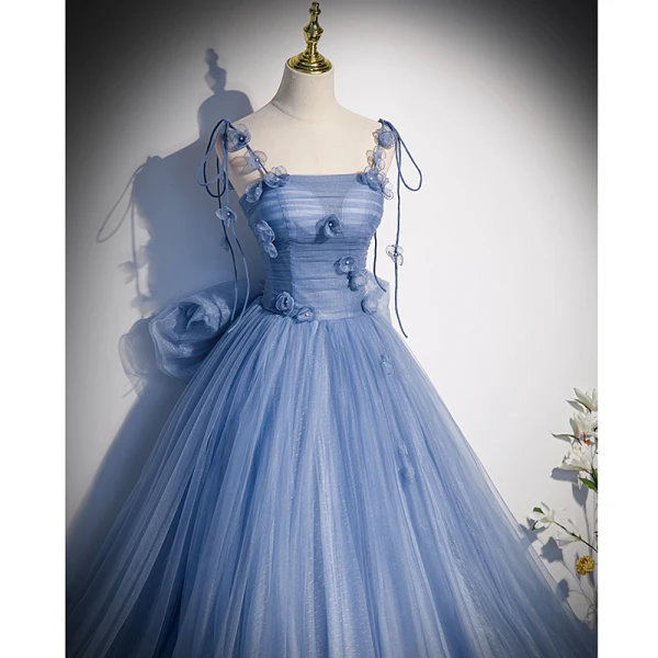 Chic / Beautiful Sky Blue Appliques Prom Dresses 2022 A-Line / Princess Spaghetti Straps Sleeveless Backless Floor-Length / Long Prom Formal Dresses