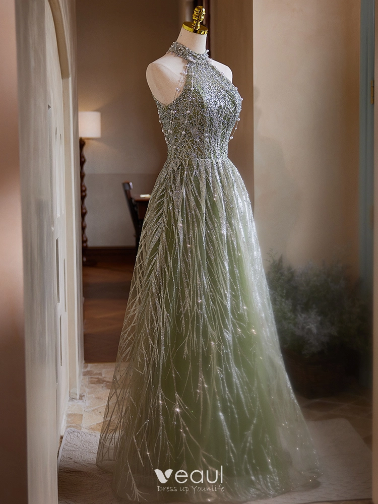 Sparkly Sage Green Beading Pearl Glitter Prom Dresses 2024 A Line Princess  Halter Sleeveless Backless Floor Length Long Prom Formal Dresses
