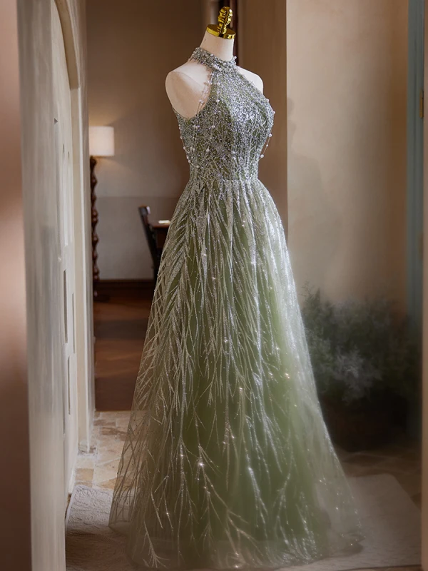 Sparkly Sage Green Beading Pearl Glitter Prom Dresses 2024 A-Line / Princess Halter Sleeveless Backless Floor-Length / Long Prom Formal Dresses