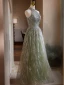 Sparkly Sage Green Beading Pearl Glitter Prom Dresses 2024 A-Line / Princess Halter Sleeveless Backless Floor-Length / Long Prom Formal Dresses