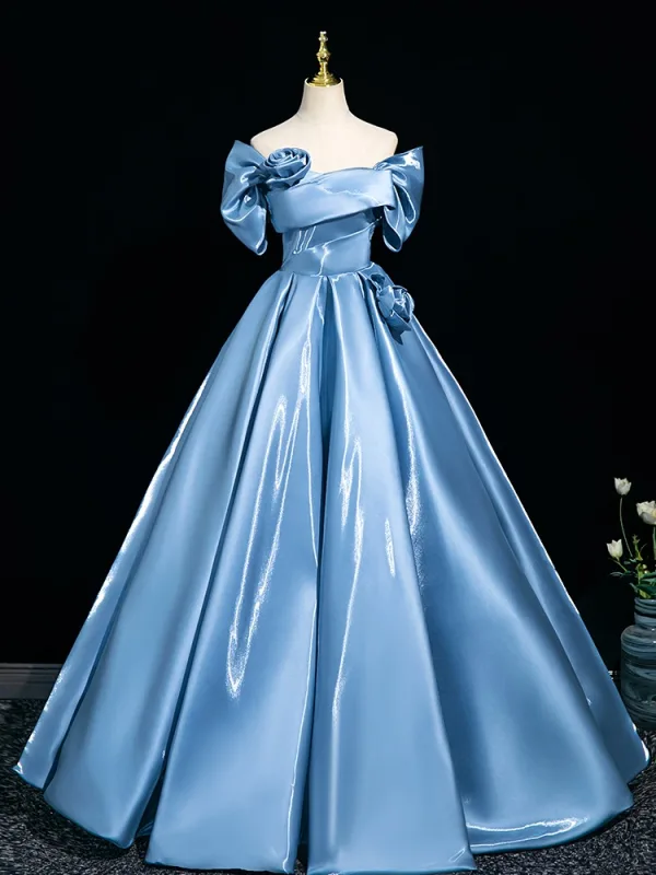 Elegant Pool Blue Appliques Prom Dresses 2025 Ball Gown Off-The-Shoulder Short Sleeve Backless Floor-Length / Long Formal Dresses