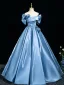 Elegant Pool Blue Appliques Prom Dresses 2025 Ball Gown Off-The-Shoulder Short Sleeve Backless Floor-Length / Long Formal Dresses