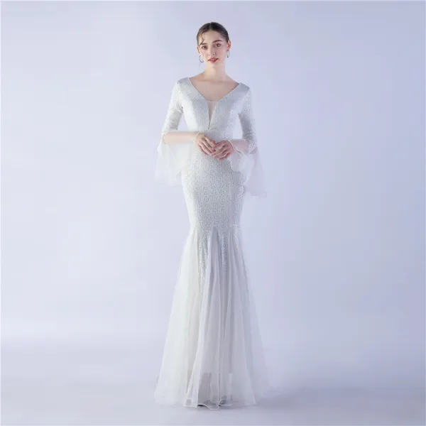 Sparkly Black Sequins Evening Dresses 2024 Trumpet / Mermaid V-Neck Bell sleeves Backless Floor-Length / Long Evening Party Formal Dresses