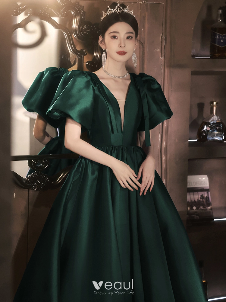 Dark Green Prom Dresses V-Neck Puffy Sleeves A-Line Evening Gown for Wedding