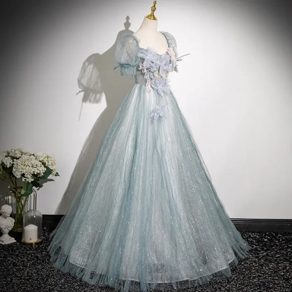 Chic / Beautiful Sky Blue Beading Appliques Prom Dresses 2025 Ball Gown Square Neckline Short Sleeve Backless Floor-Length / Long Formal Dresses