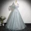 Chic / Beautiful Sky Blue Beading Appliques Prom Dresses 2025 Ball Gown Square Neckline Short Sleeve Backless Floor-Length / Long Formal Dresses