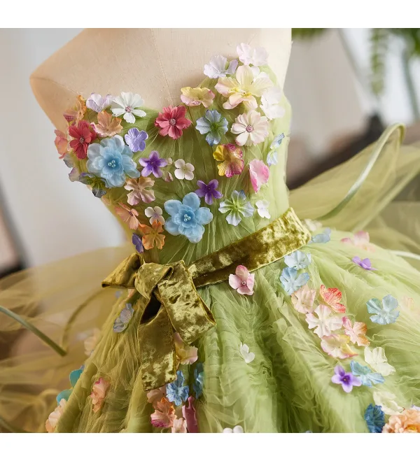Flower Fairy Sage Green Multi-Colors Appliques Prom Dresses 2025 Ball Gown Strapless Sleeveless Backless Sweep Train Formal Dresses