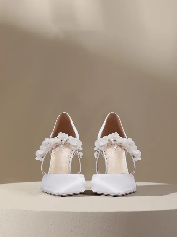 Elegant White Satin Pearl Flower Wedding Shoes 2024 10 cm Stiletto Heels Pointed Toe Wedding Sandals High Heels