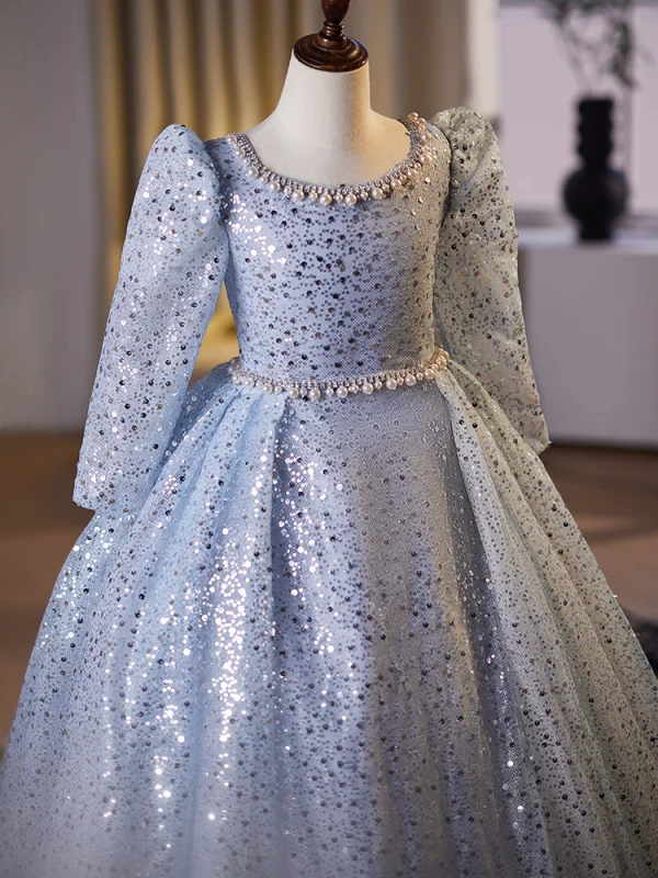 Sparkly Sky Blue Beading Pearl Rhinestone Birthday Flower Girl Dresses 2024 Ball Gown Scoop Neck 3/4 Sleeve Backless Floor-Length / Long