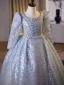 Sparkly Sky Blue Beading Pearl Rhinestone Birthday Flower Girl Dresses 2024 Ball Gown Scoop Neck 3/4 Sleeve Backless Floor-Length / Long