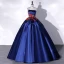 Vintage / Retro Navy Blue Satin Prom Dresses 2022 Ball Gown Strapless Lace Flower Sleeveless Backless Floor-Length / Long Prom Formal Dresses