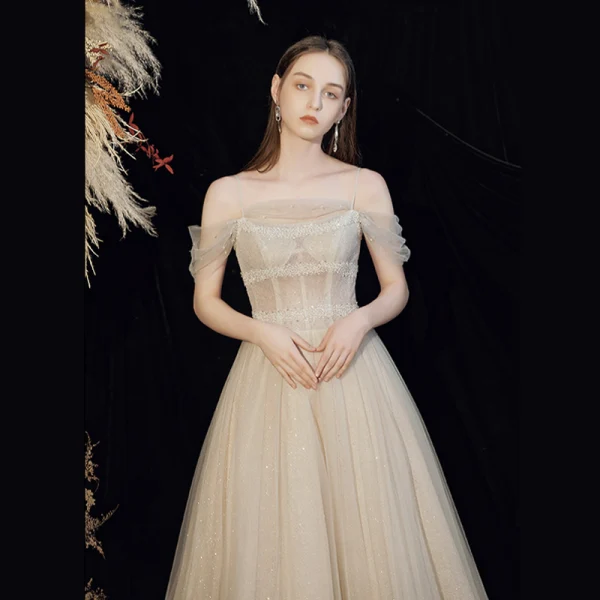 Sparkly Champagne Beading Glitter Prom Dresses 2022 A-Line / Princess Spaghetti Straps Short Sleeve Backless Floor-Length / Long Prom Formal Dresses